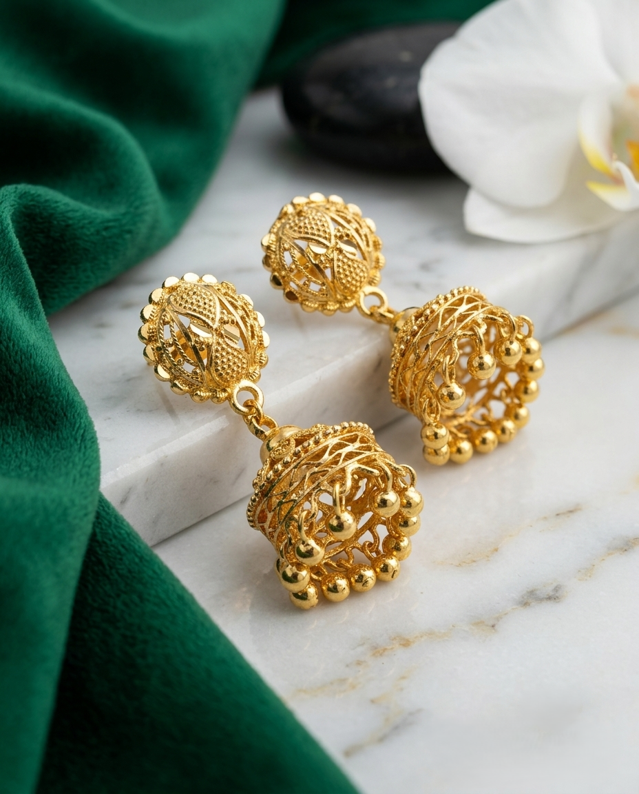 Gold-Plated Filigree Jhumka Earrings with Dangling Beads