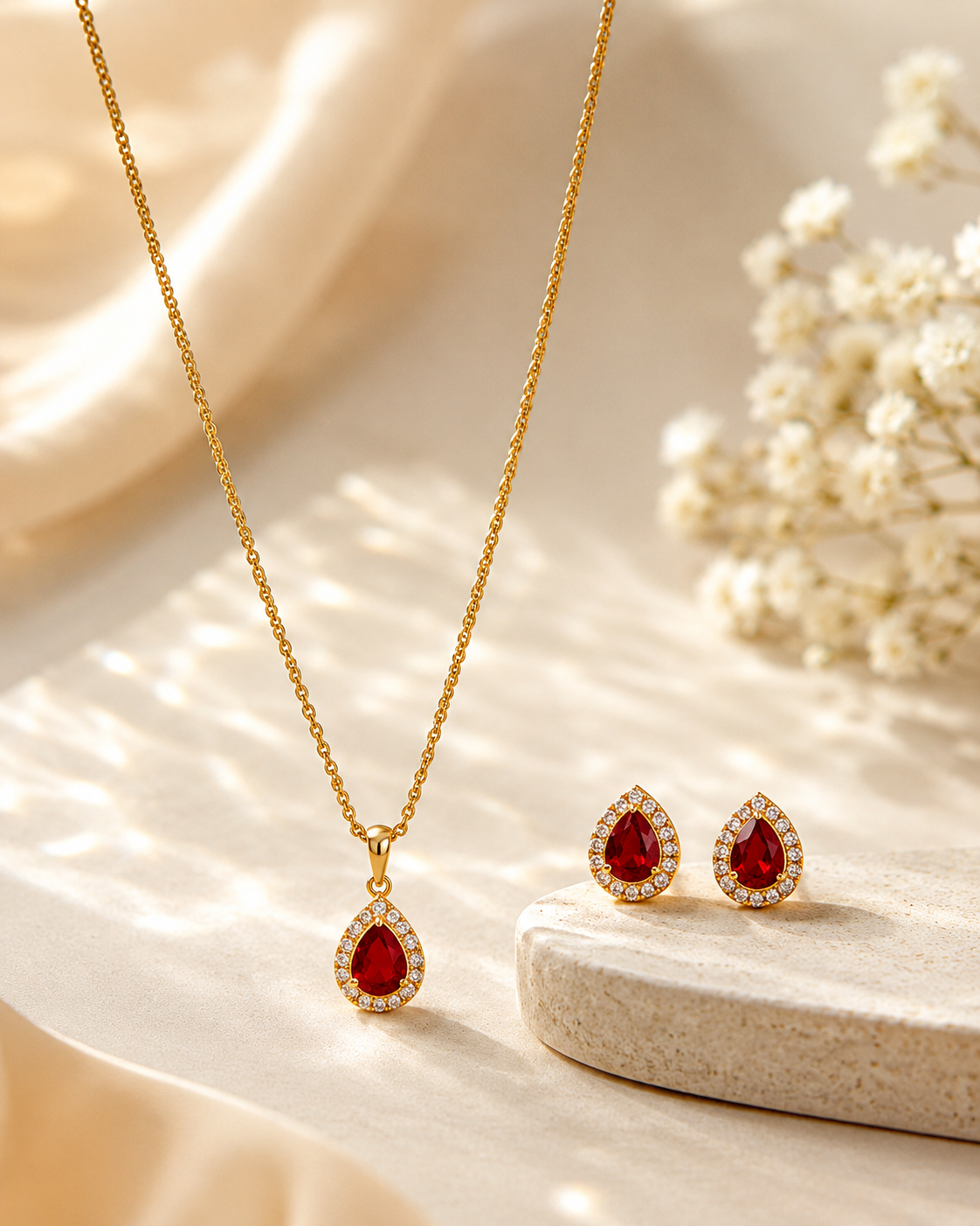 Gold-Plated Jewelry Set with Pear-Cut Red Crystal Pendants & Clear Rhinestone Frames