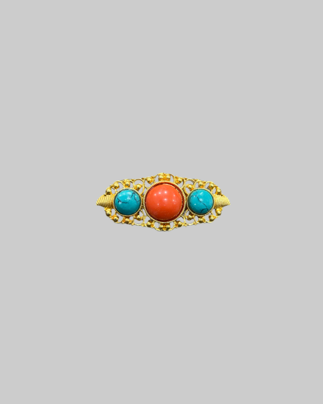 Chinese Gilt Silver Filigree Brooch with Turquoise and Coral Panel