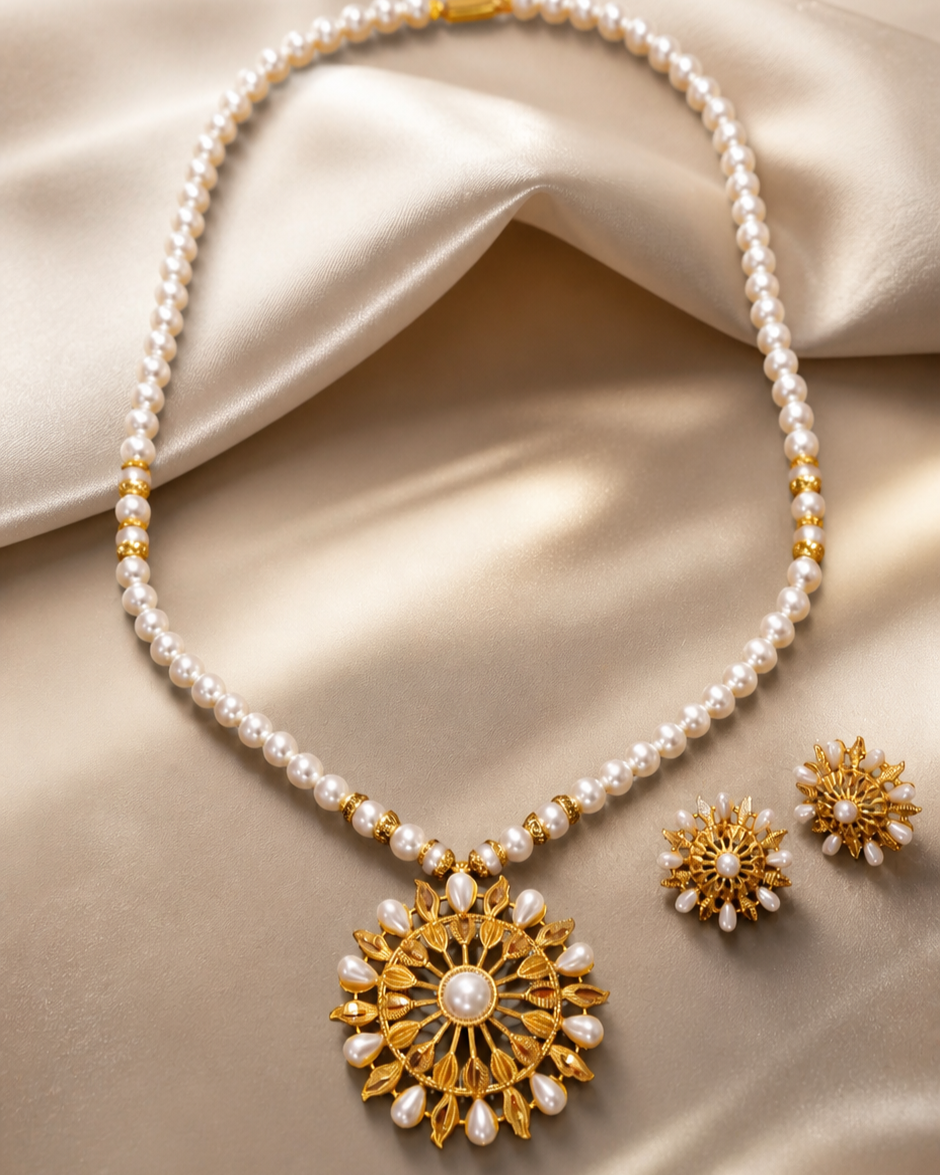 Gold-Plated Moti Necklace Set with Sunburst Pearl Pendant for Women | Elegant Traditional Jewelry