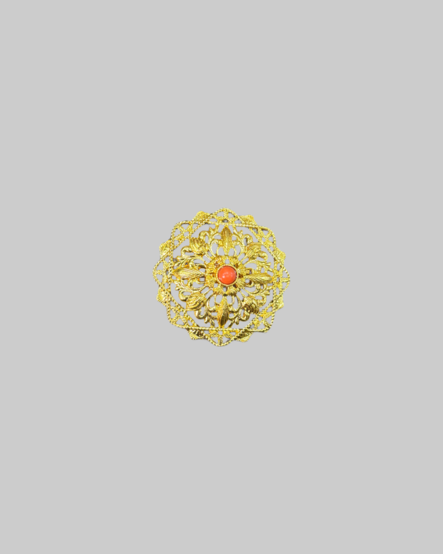 Antique Gold Filigree Brooch with Red Coral Cabochon – Vintage Estate Jewelry