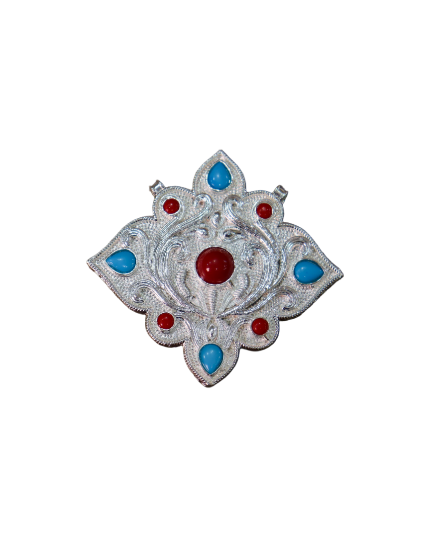 Tibetan Silver Ghau Prayer Box Pendant with Coral & Turquoise Stones
