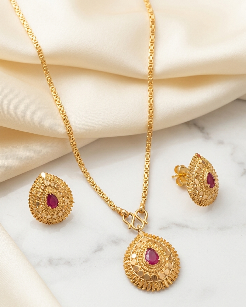 Aurum Atelier Teardrop Ruby Pendant Set with Gold Chain Necklace and Matching Earrings