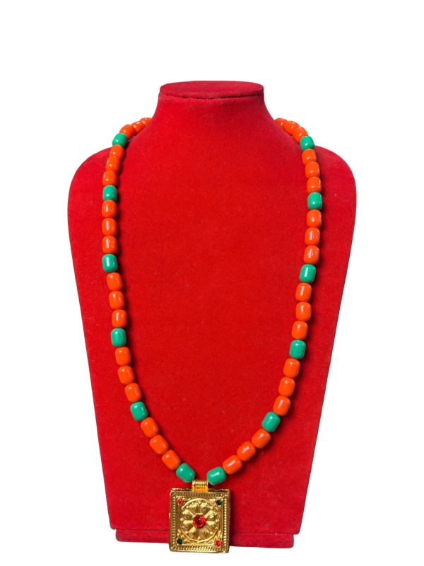 Gold-Plated Nepalese Peehruu Mala Necklace with Red & Turquoise Beads