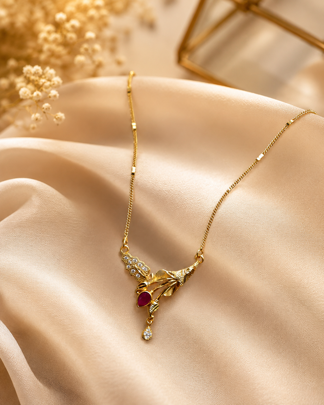 Gold Leaf Pendant Necklace with Ruby and Diamond Accent