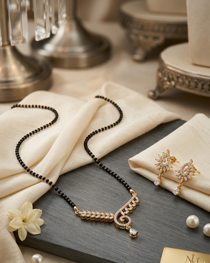 Mekkna Rhodium-Plated Mangalsutra Set with CZ Curved Pendant & Matching Earrings