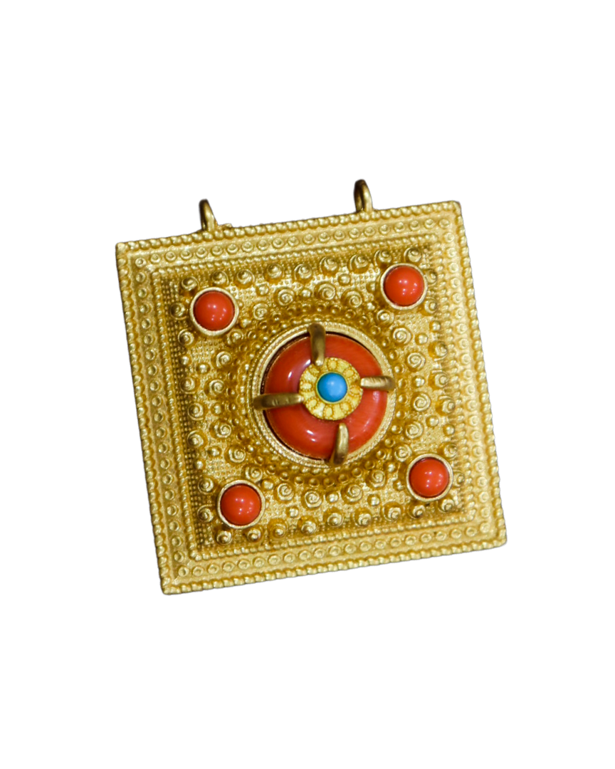 Gold-Plated Tibetan Ghau (Gau) Prayer Box Pendant with Coral & Turquoise Inlay