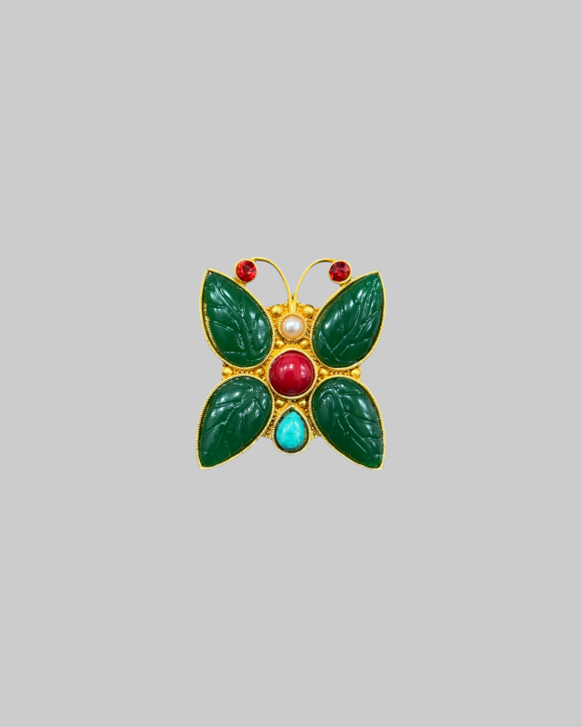 Vintage Butterfly Brooch Faux Jade Red Coral Turquoise Accents Gold Tone Statement Pin