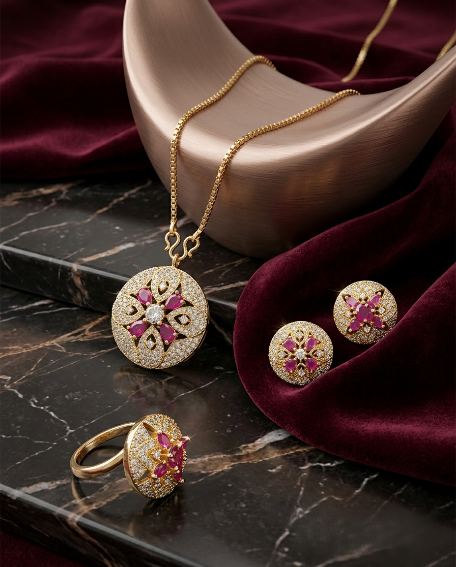 Gold-Plated Ruby and Diamond Medallion Pendant Necklace | Elegant Round Statement Jewelry