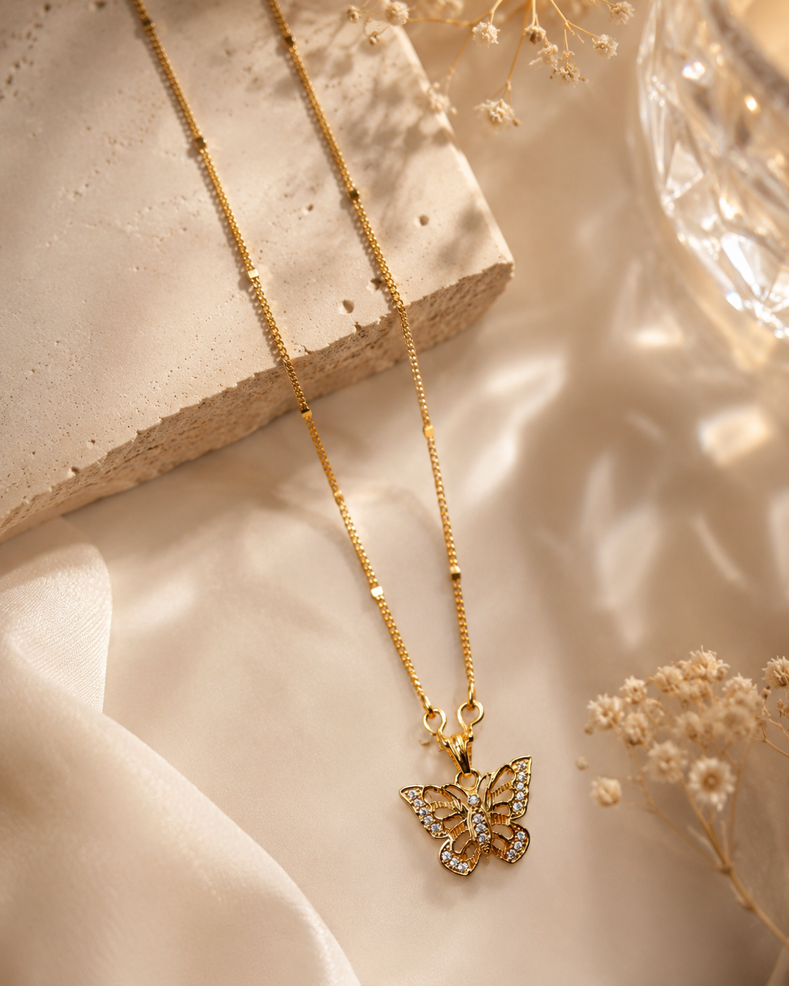 Golden Butterfly Pendant Necklace with Delicate Satellite Chain