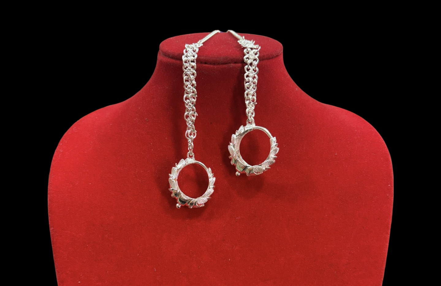 Sterling Silver Chain Necklace Pair with Leaf-Patterned Circular Bezels