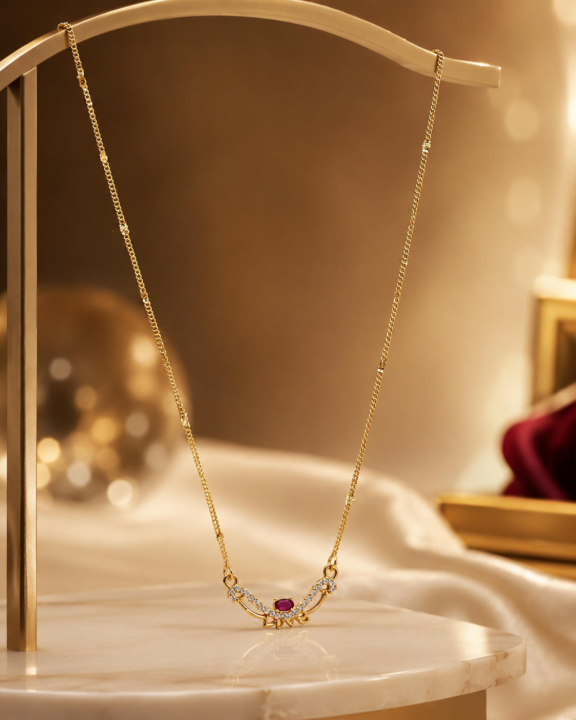 Gold Necklace with Oval-Cut Ruby Framed by Diamonds