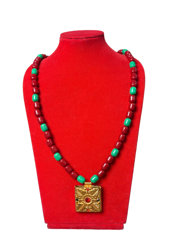 Gold-Plated Nepali Jantar Mala Necklace with Red & Green Beads and Pendant