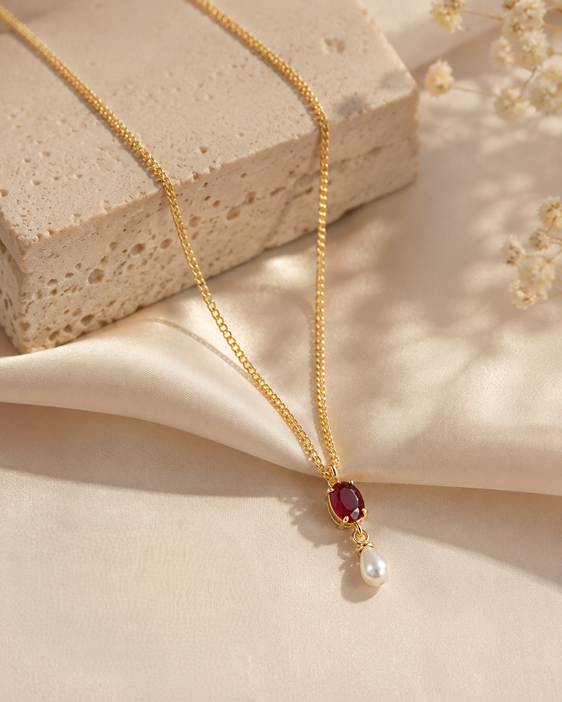 Gold Chain Necklace with Ruby and Pearl Drop Pendant