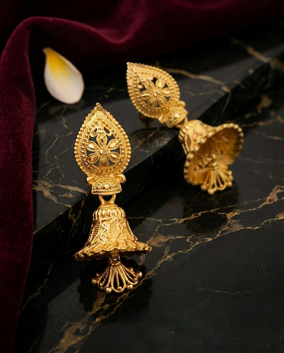 Gold-Plated Leaf Stud Jhumka Earrings with Floral Filigree and Bell Drops