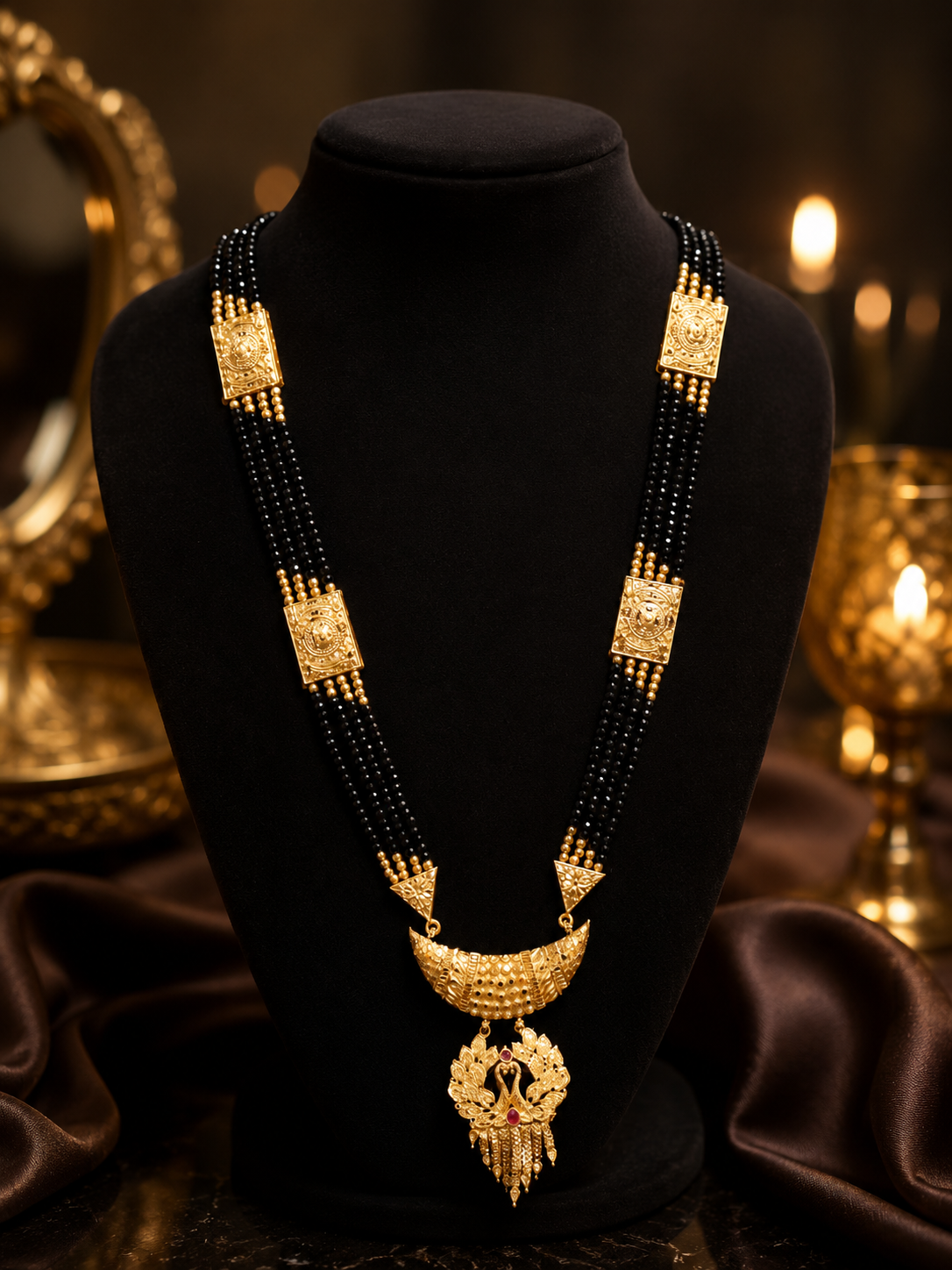 Gold-Plated Mangalsutra Necklace with Peacock-Themed Pendants & Multi-Strand Black Beads