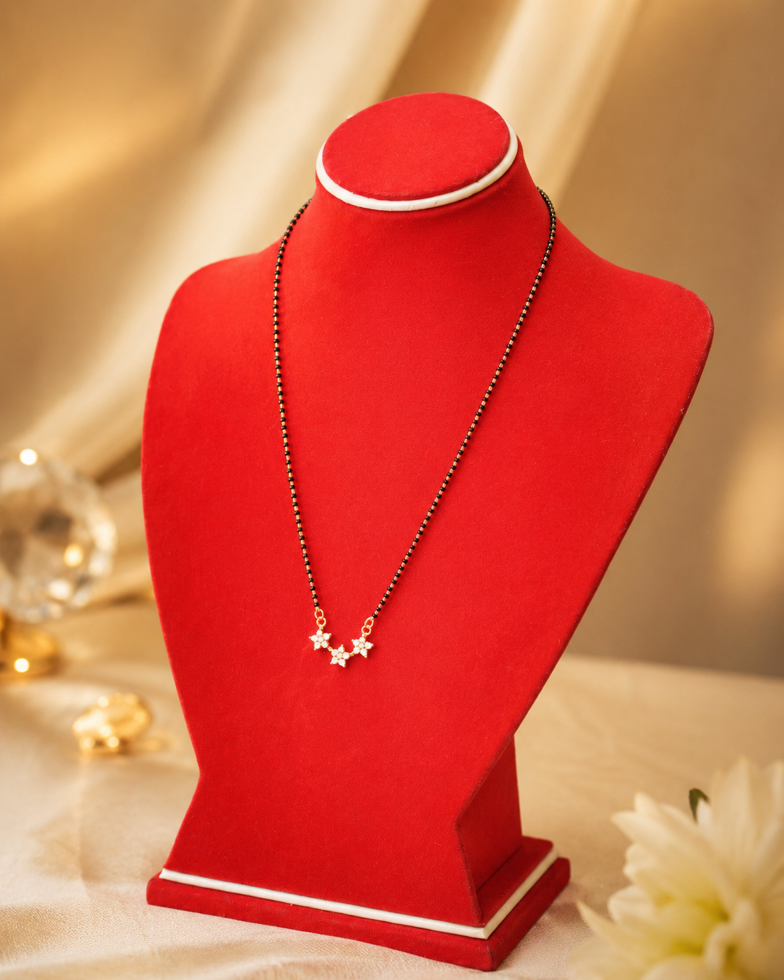Gold-Plated Mangalsutra with Black Crystal Beads and American Diamond Floral Pendant