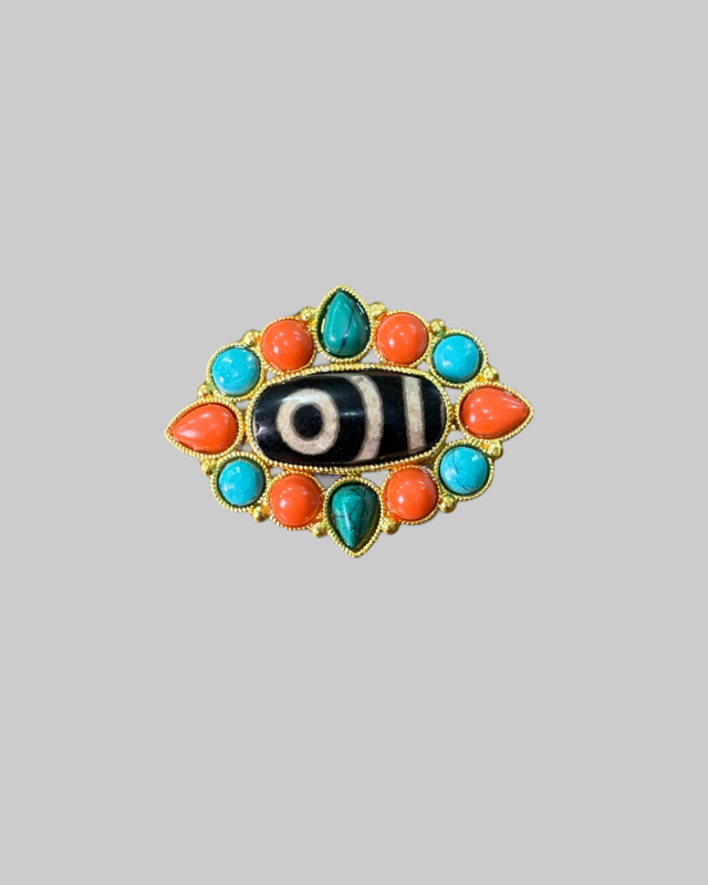 Brooch with Central Agate Dzi Bead, Turquoise & Red Coral Stones