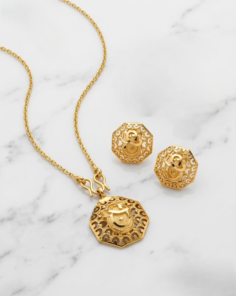 Vintage Gold-Plated Octagonal Jewelry Set with Filigree Pendant Necklace & Stud Earrings
