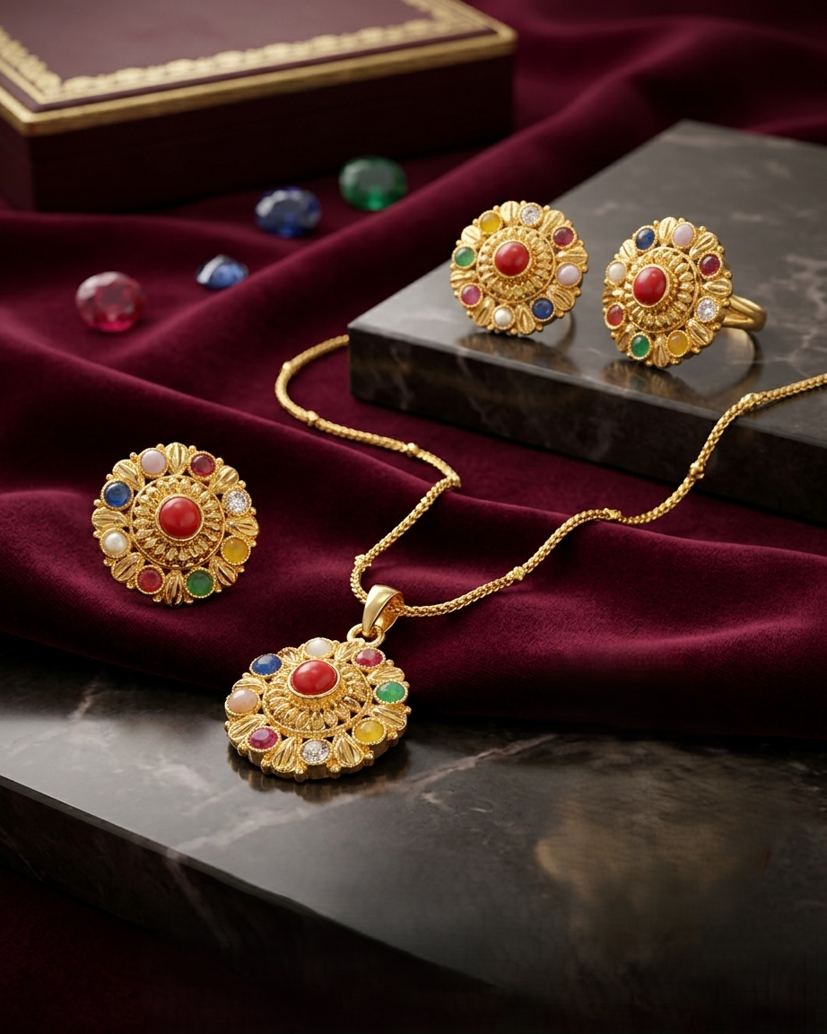 Gold-Plated Navratna Necklace Set with Multi-Colored Stone Pendant & Stud Earrings