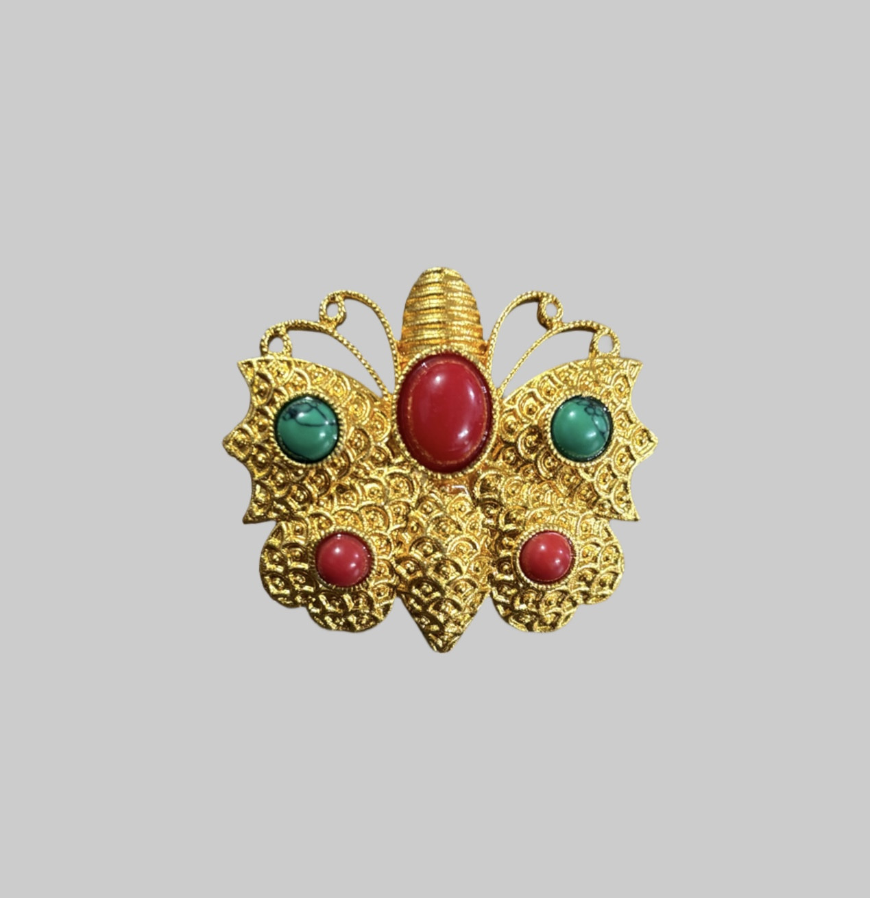 14K Yellow Gold Butterfly Brooch with Coral & Turquoise | Nature-Inspired Fine Jewelry Pin