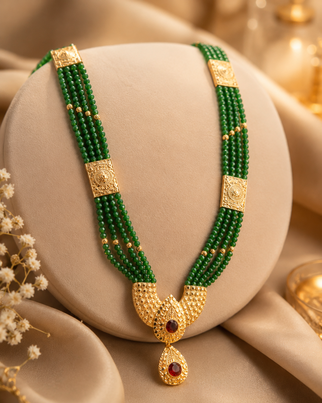 Gold-Plated Green Pote Mangalsutra with Four-Strand Beads & Red Stone Pendant