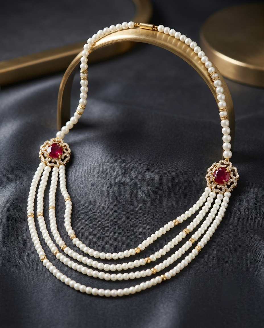Gold-Plated Side Brooches Adorned with Red Stones and White Crystals