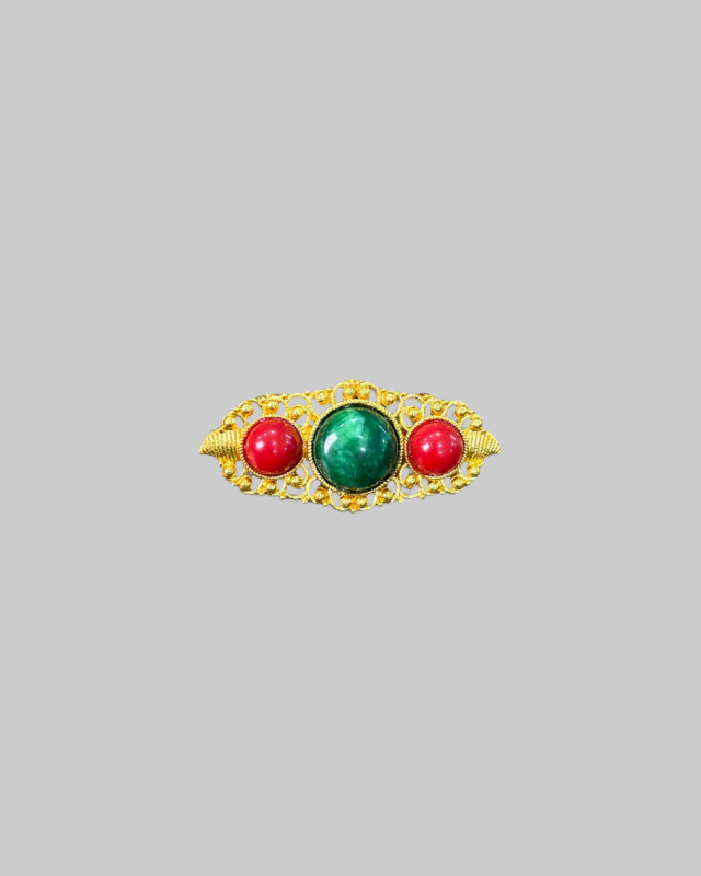 Vintage-Style Gold-Tone Filigree Brooch with Green and Red Cabochons