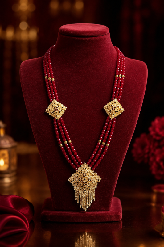 Traditional Indian Ruby Red Beaded Necklace Set with Three Layers & Gold-Plated Pendant