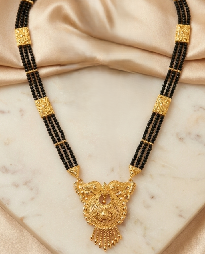 Gold-Plated Peacock Filigree Mangalsutra with Triple Black Bead Chains