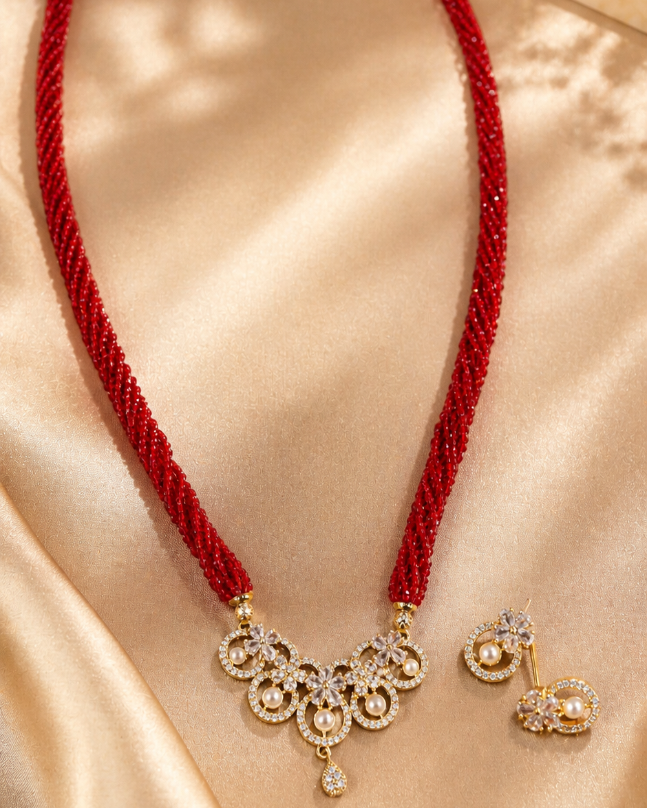 Royal Crimson Heritage Necklace Set with Red Multistrand Beads, Gold-Plated Pendant & Pearls