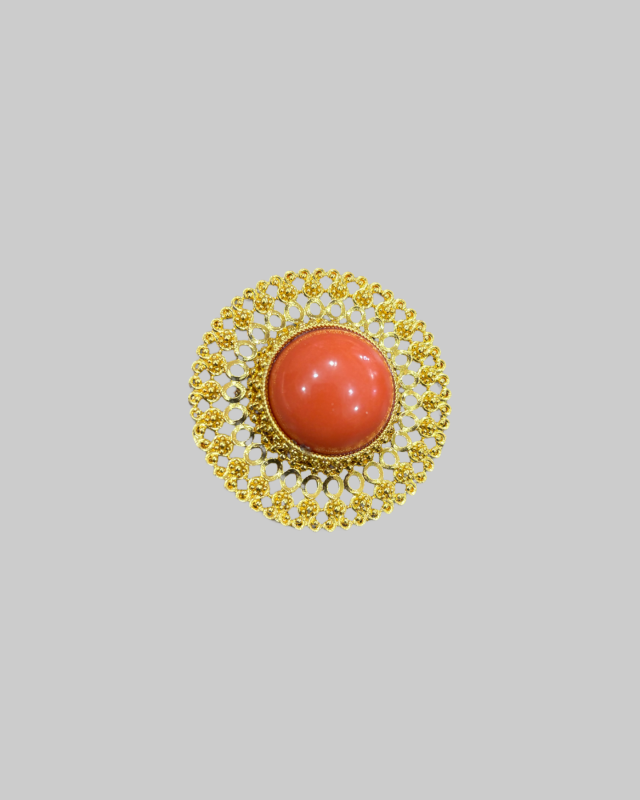 Vintage Gold-Tone Filigree Brooch with Coral Cabochon
