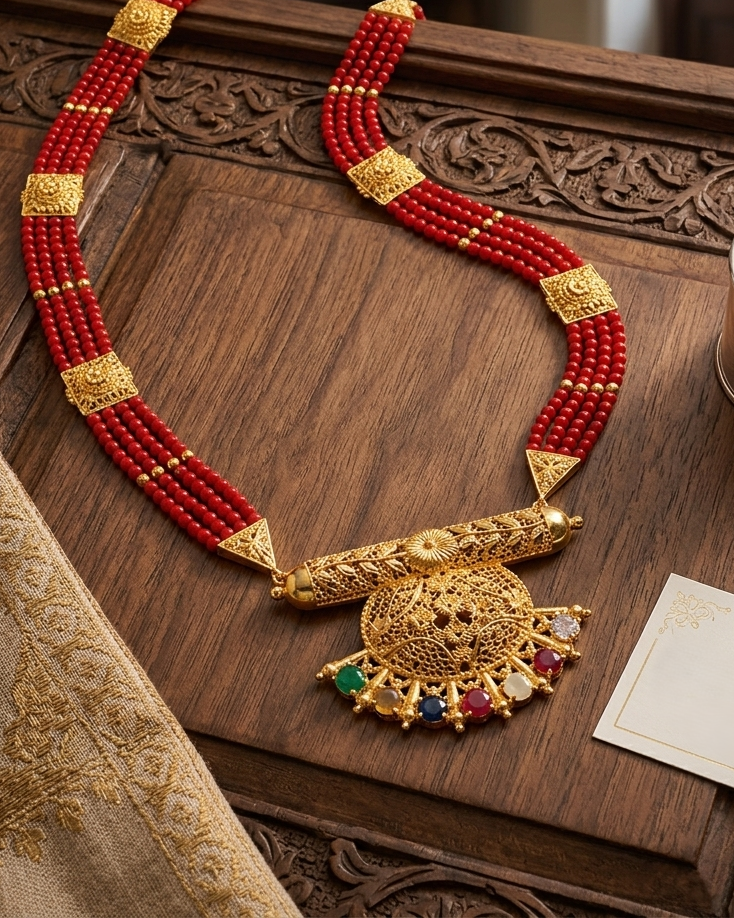 Traditional Nepali Mangalsutra with Red Crystal  Beads & Gold-Plated Pendant