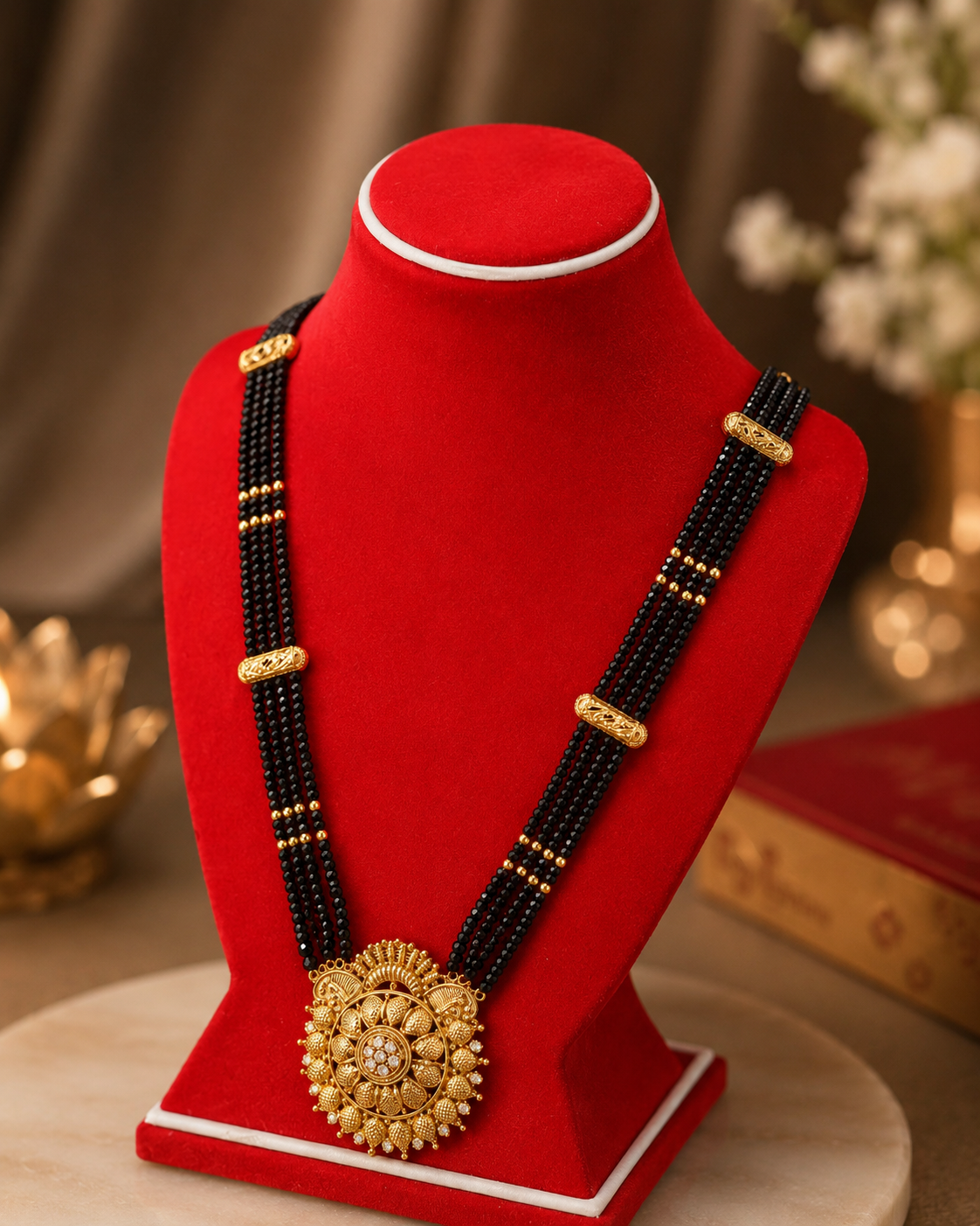 Gold-Plated Four-Layer Black Crystal Bead Mangalsutra with Intricate Circular Pendant