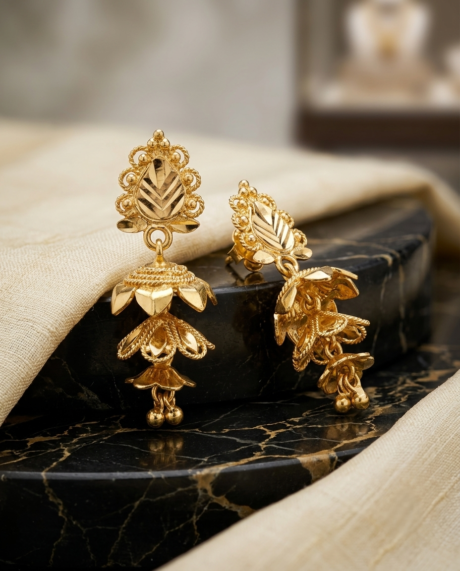 Gold-Plated Leafy Jhumka Earrings with Multi-Layer Dangling Bells