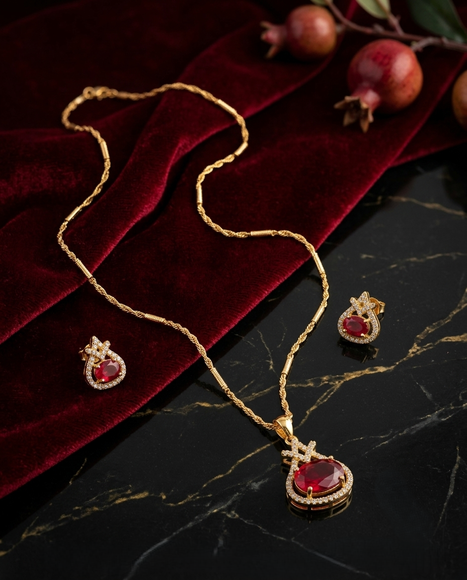 Gold-Plated Jewelry Set with Pear-Shaped Red Crystal Pendant and Matching Earrings