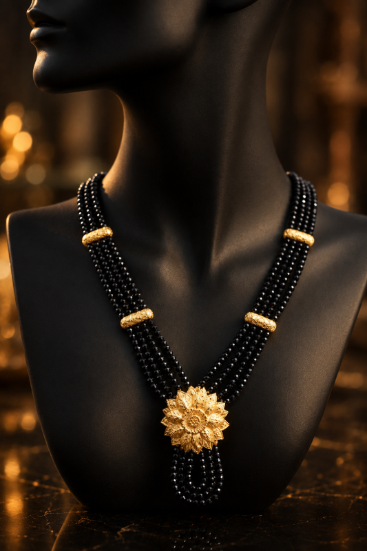 Traditional Nepali Chandra Haar with Gold-Plated Beads & Large Floral Pendant