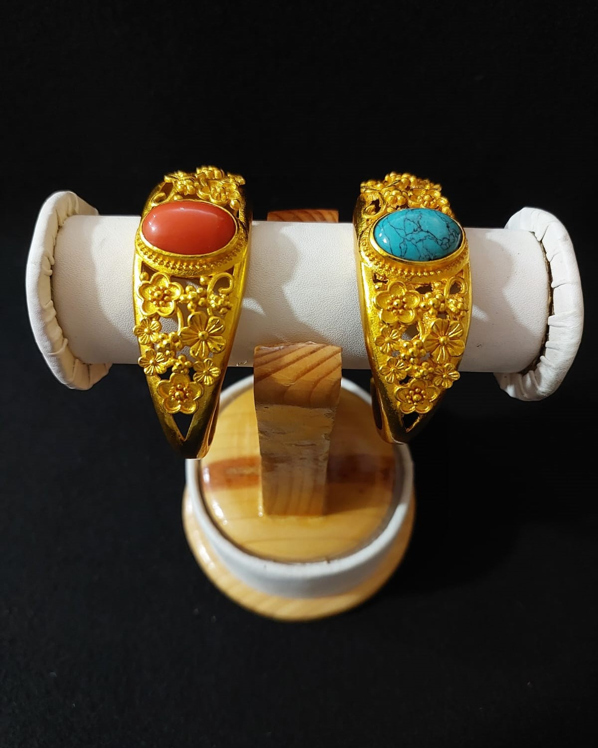 Vintage Gold-Plated Tibetan Cuff Bangles with Coral & Turquoise Inlay
