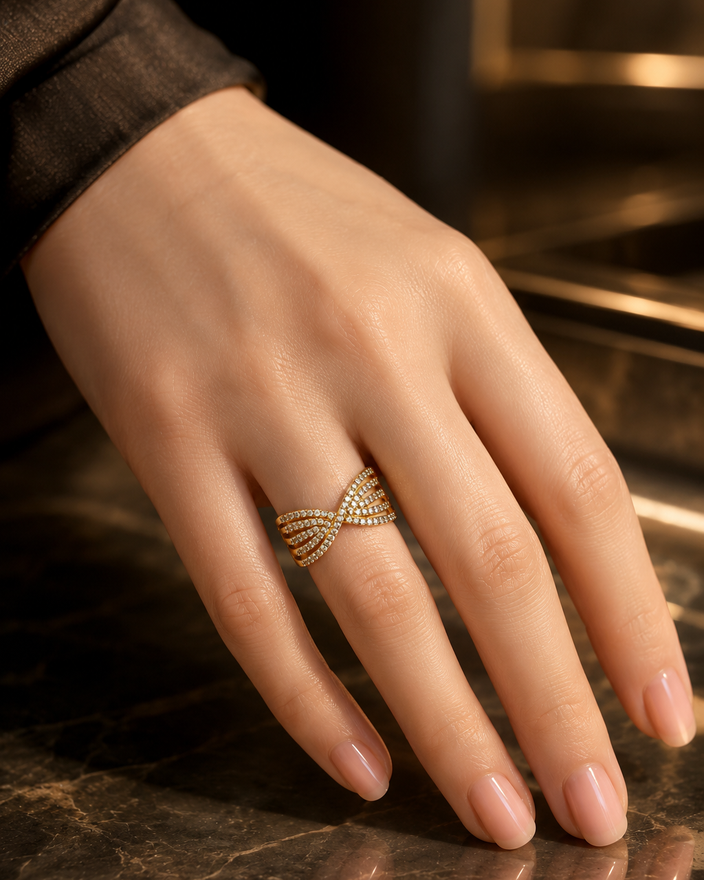 Gold Plated Multi-Band Cubic Zirconia Crossover Ring for Women