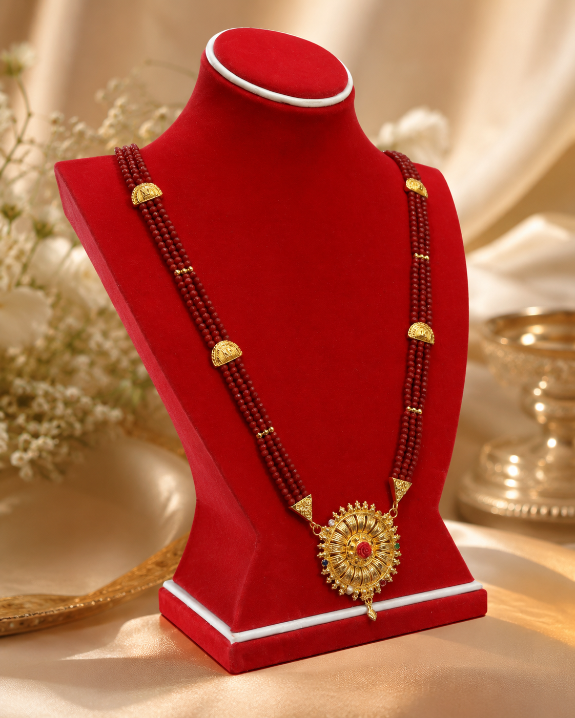 Royal Crimson Multistrand Heritage Necklace Set with Mandala Pendant & Red Stone