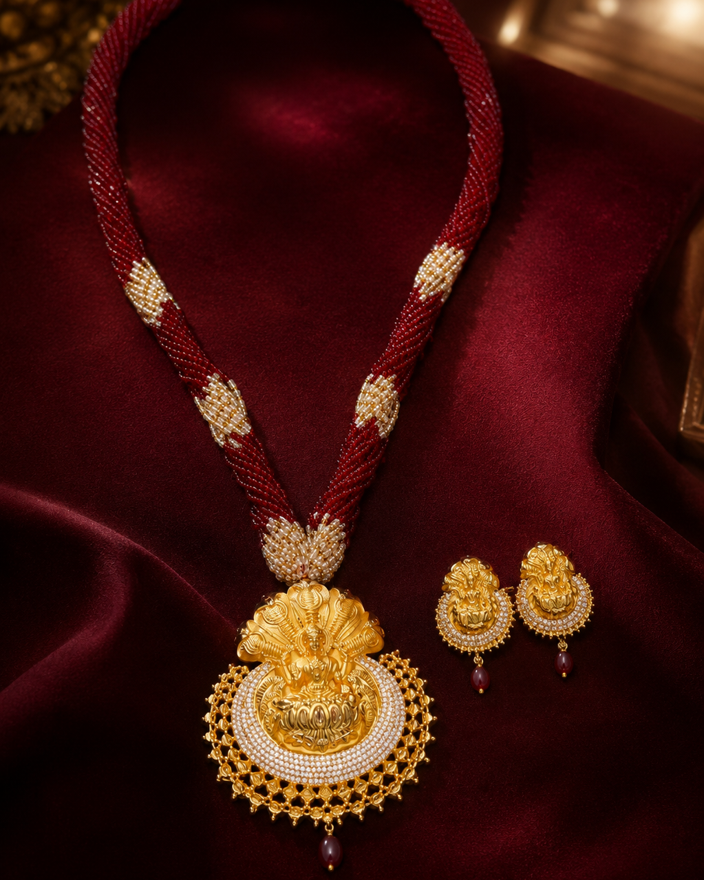 Traditional Nepali Gold-Plated Necklace Set with Deity Pendant & Red Bead Mala