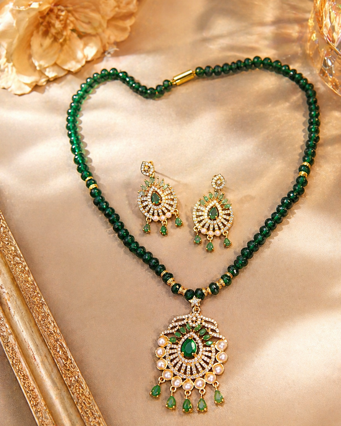 Gold Plated Green Pote Mala Necklace Set with Kundan Work for Women | Traditional Indian Jewelry
