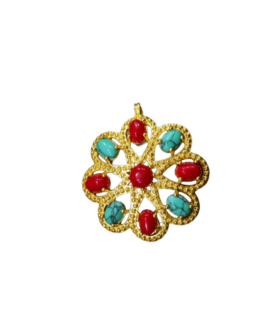 Gold-Plated Tibetan Ghau Pendant | Turquoise & Coral/Ruby