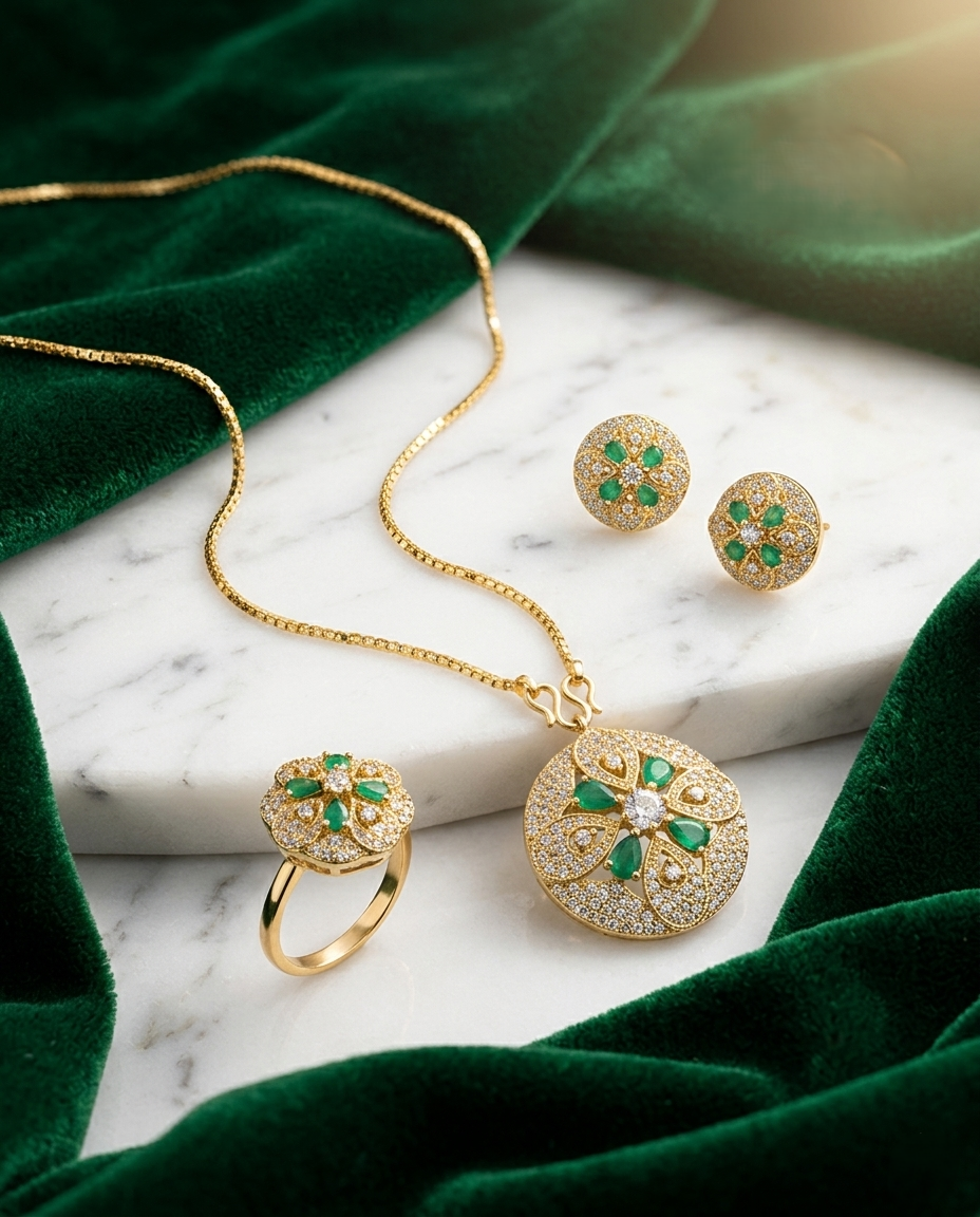 VVV Jewelry Emerald Compass Necklace Set with Emerald and Diamond Accents
