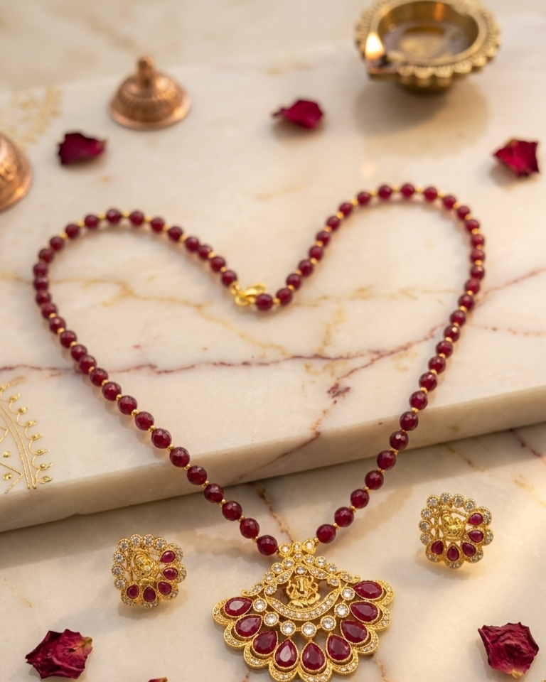 Traditional Nepali Ruby Mala Necklace Set with Gold-Plated Central Pendant & Earrings