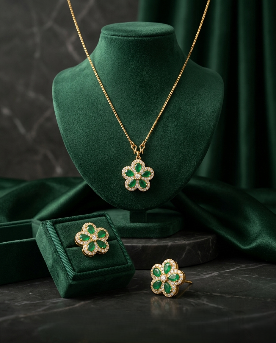 Aurelia Jewels Emerald Bloom Collection Flower Pendant Necklace with Green Gemstones