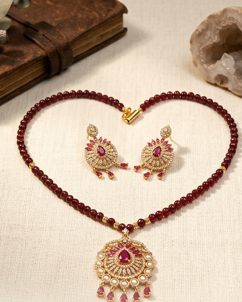 Ruby & Diamond Gold Pendant Set – Ethnic Bridal Jewelry with Earrings