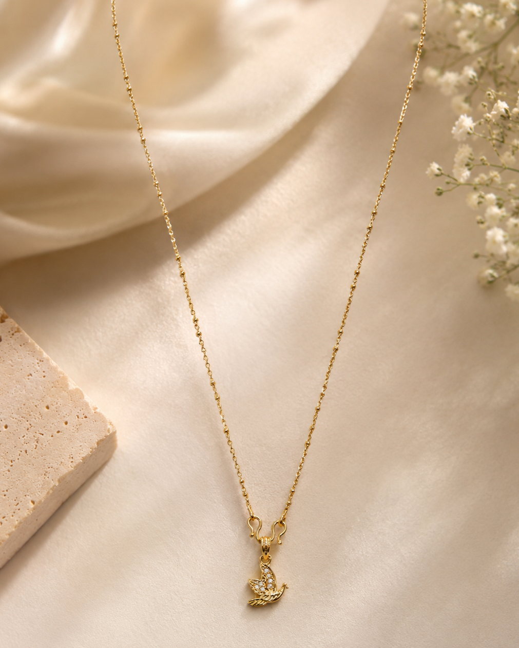 Gold-Plated Bird Pendant Necklace with CZ Stones & Satellite Chain