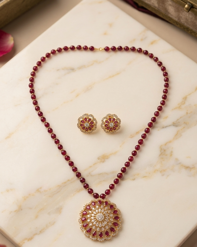 Gold-Plated Crystal Beaded Necklace & Earrings Set with Maroon Stones and Kundan Circular Pendant