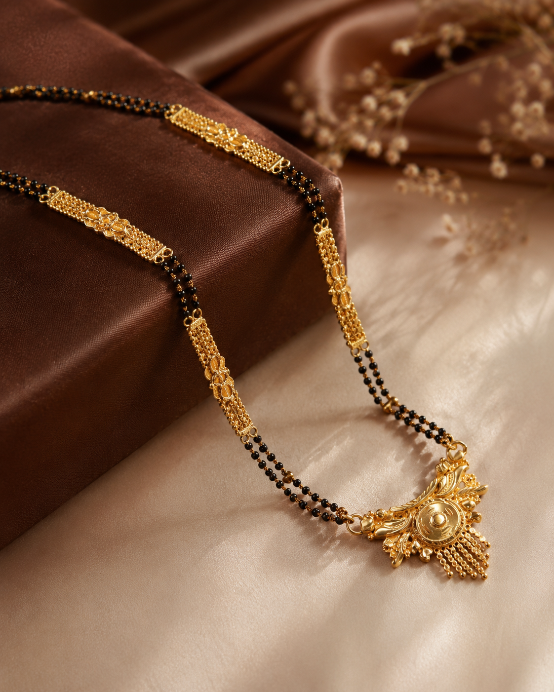 Gold-Plated Mangalsutra with Detailed Central Pendant & Black Beaded Chain